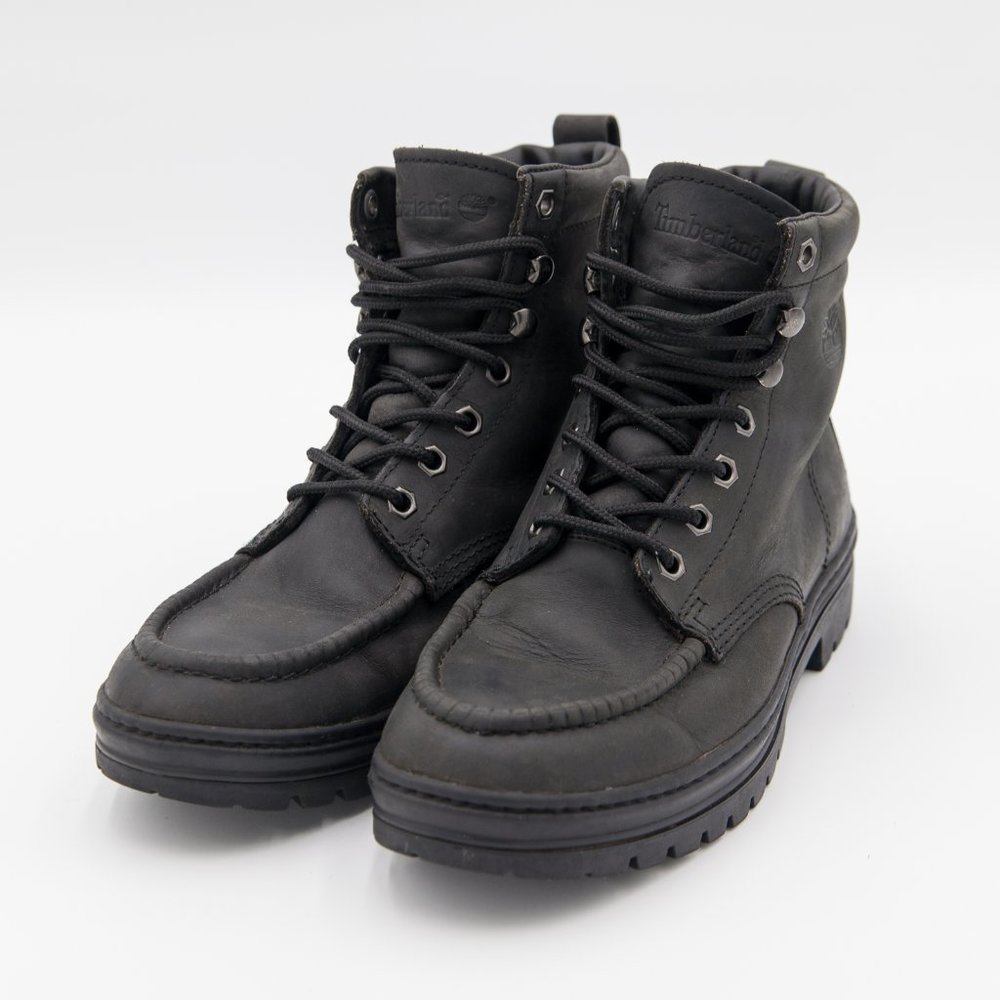 SOLD // Timberland Black Leather Mens Soft Toe Boots 69072 - Size 9.5M